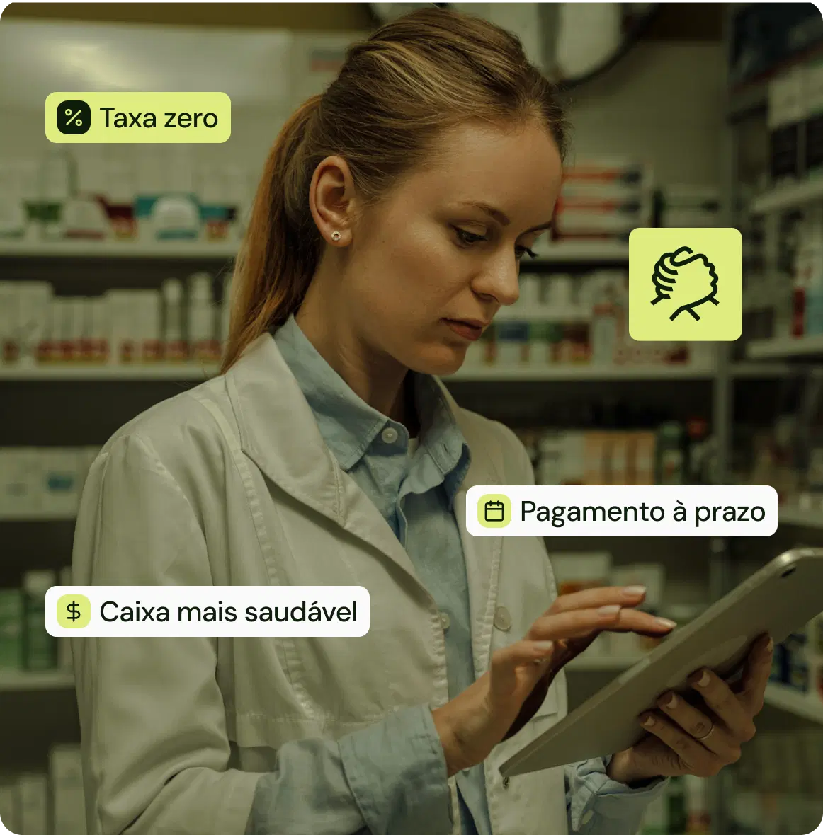 farmacêutica utilizando um tablet